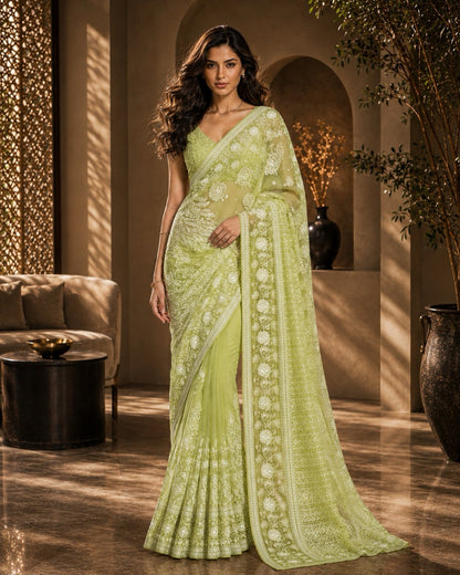 Green Georgette Ready to Wear Chikankari Saree, Naaz Collection by Masnavi, modeled by a woman, front view
