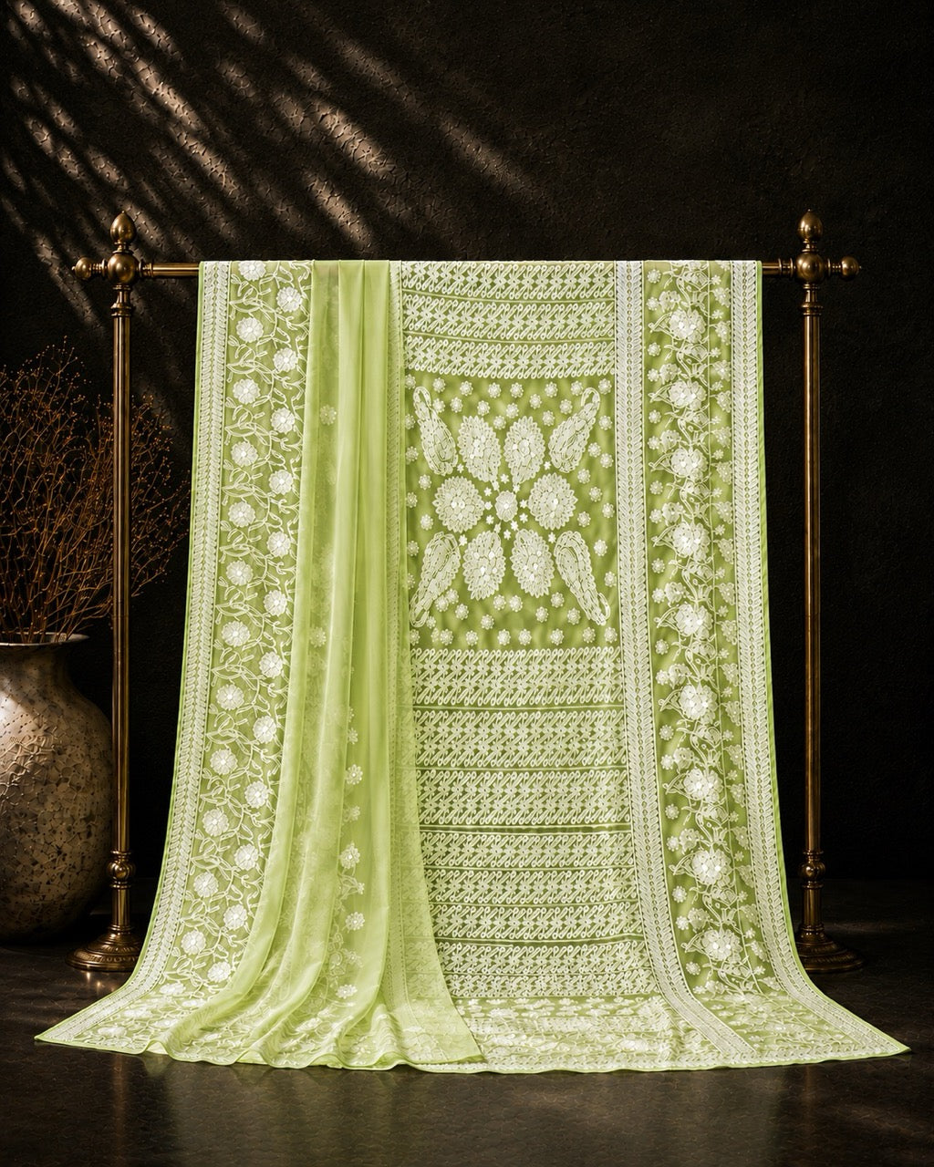 Green Georgette Ready to Wear Chikankari Saree, Naaz Collection by Masnavi, hanging from a brass stand, still life.