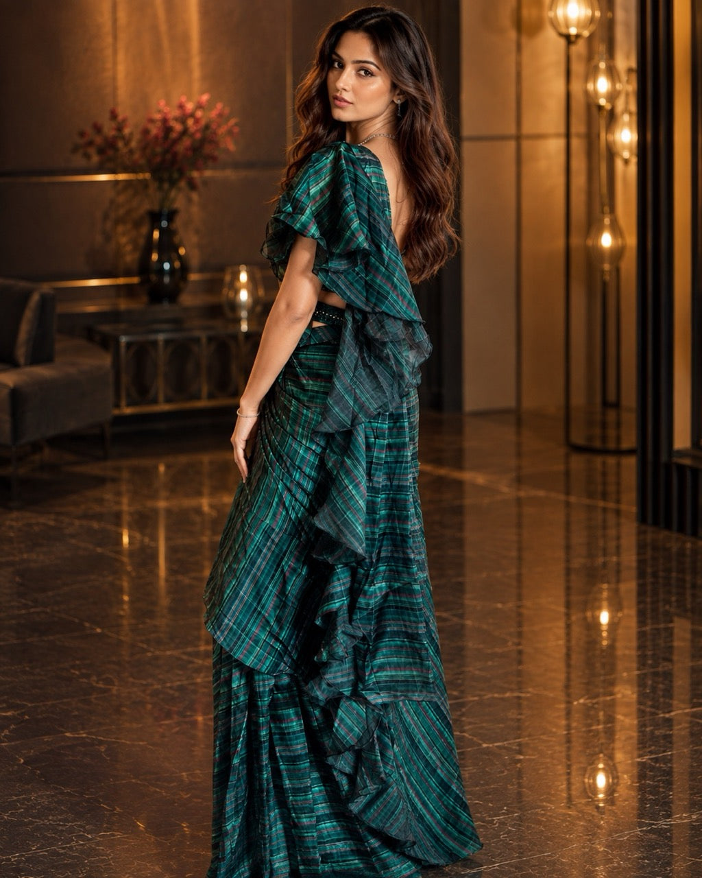 Green Organza Ready to Wear Saree from the Shokhi collection by Masnavi, modelled by a woman, side view