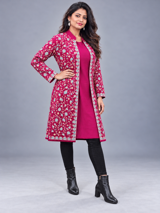 Pink Soft Wool Embroidered Kashmiri Aari Jacket Set