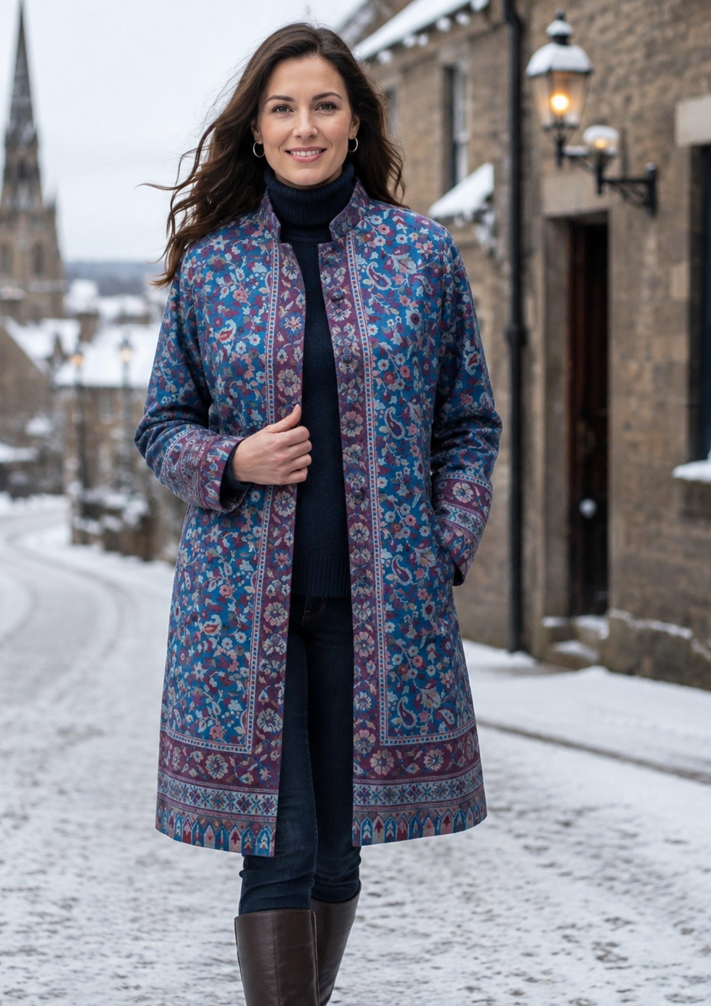 Kashmiri kani blue jacket made of premium fabric with silk lining and beautiful motif details on sleeves and borders of jacket.