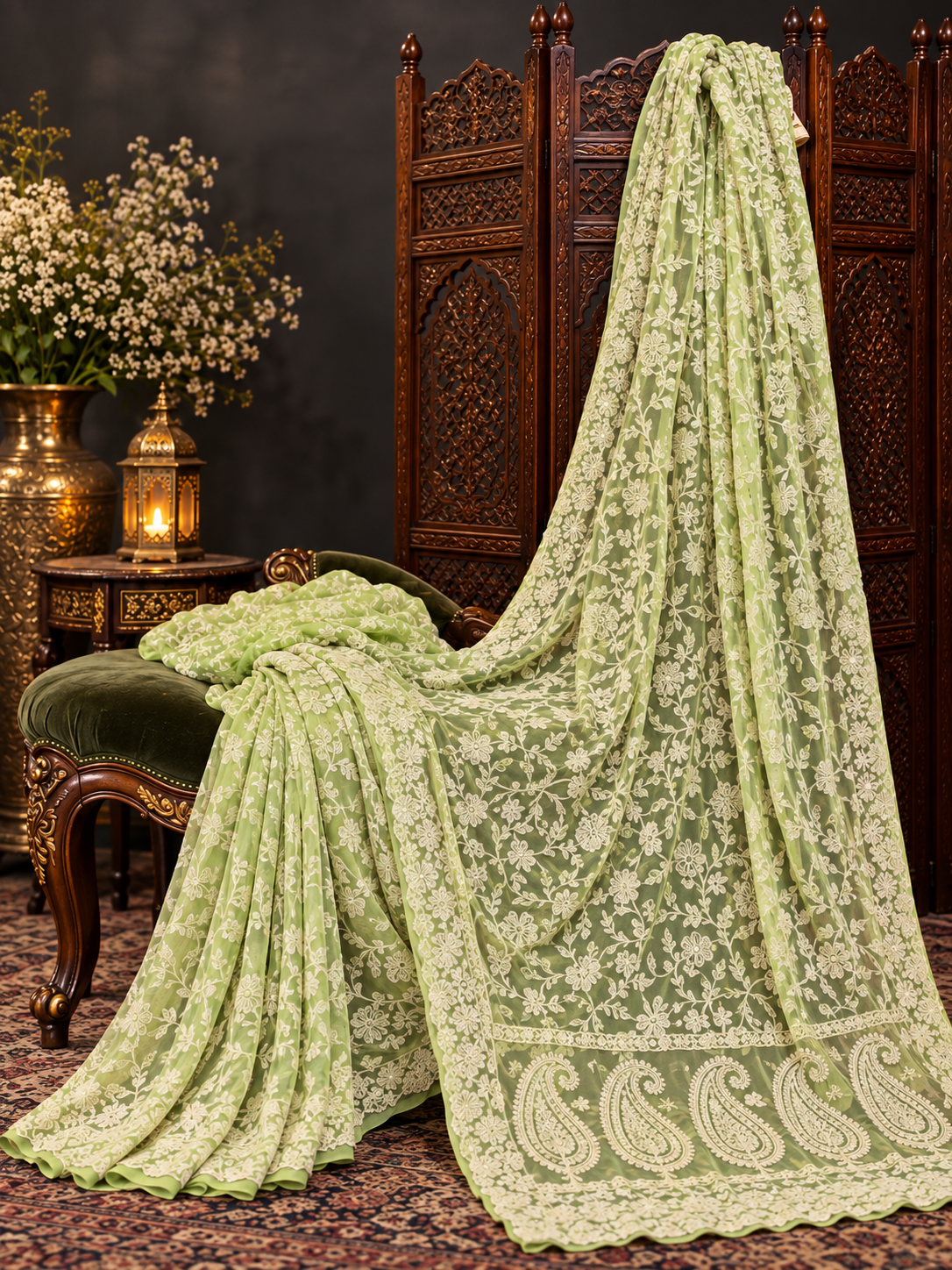 Naaz lime green georgette chikankari saree