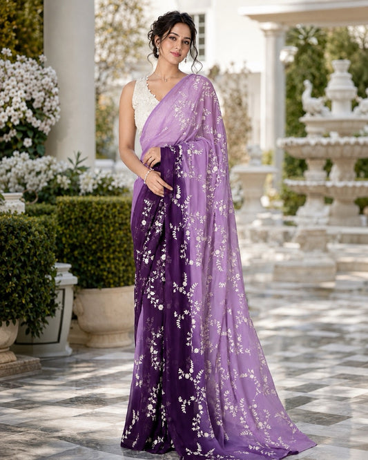 Lilac Georgette Sequin Work Chikankari Designer Saree, by Masnavi, modelled by a woman in a courtyard, front view