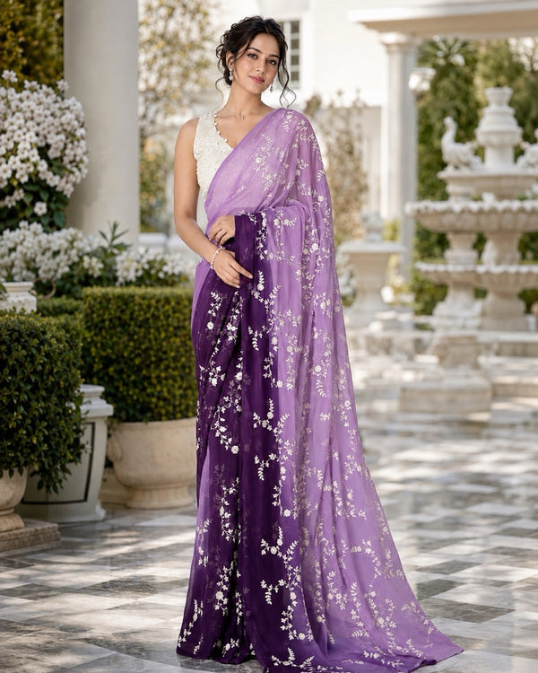 Lilac Georgette Sequin Work Chikankari Designer Saree, by Masnavi, modelled by a woman in a courtyard, front view