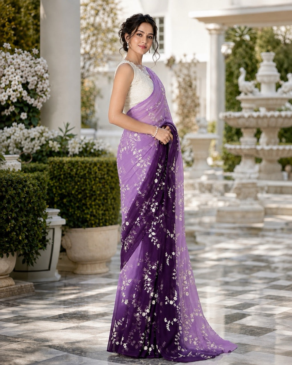 Lilac Georgette Sequin Work Chikankari Designer Saree, by Masnavi, modelled by a woman in a courtyard, side view