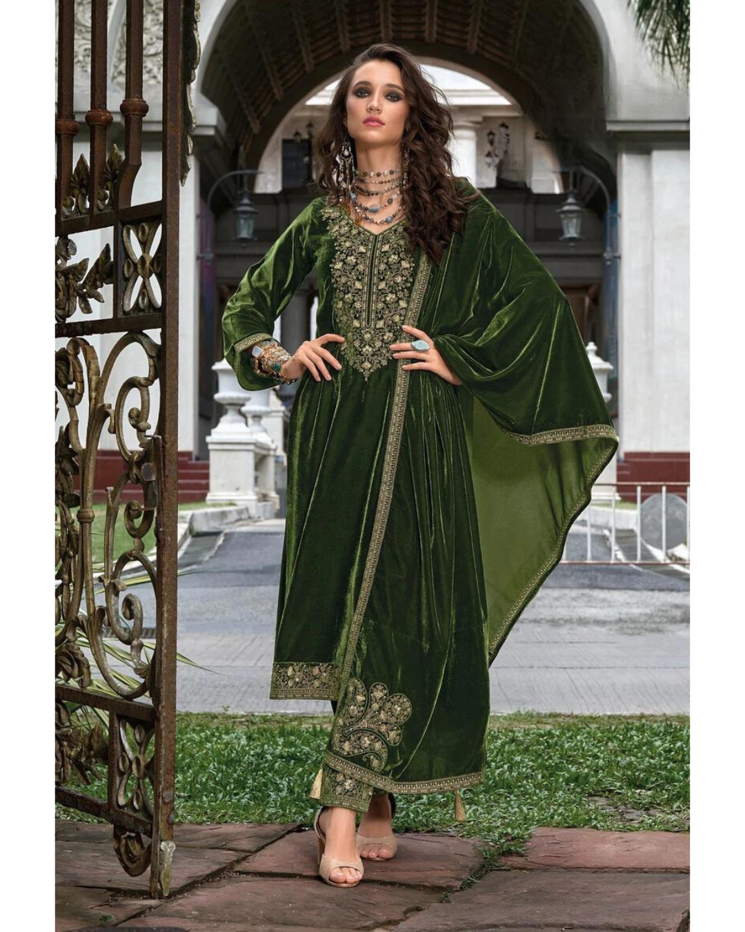 Woman in Masnavi Makhmali Embroidered Velvet Suit Set in Moss Green with Zari Dupatta & Parallel Pants