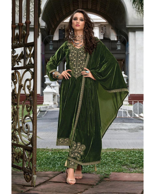 Woman in Masnavi Makhmali Embroidered Velvet Suit Set in Moss Green with Zari Dupatta & Parallel Pants