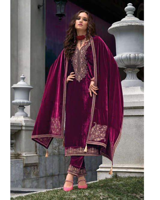 Woman in Masnavi Makhmali Embroidered Velvet Suit Set in Mulberry with Zari Dupatta & Parallel Pants