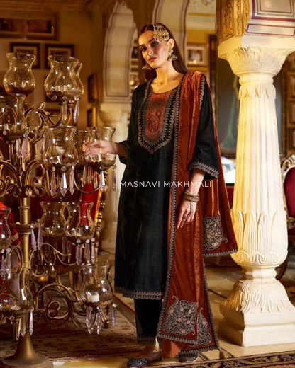 Woman in Masnavi Makhmali Embroidered Velvet Suit Set in Persian Blue with Zari Dupatta & Parallel Pants