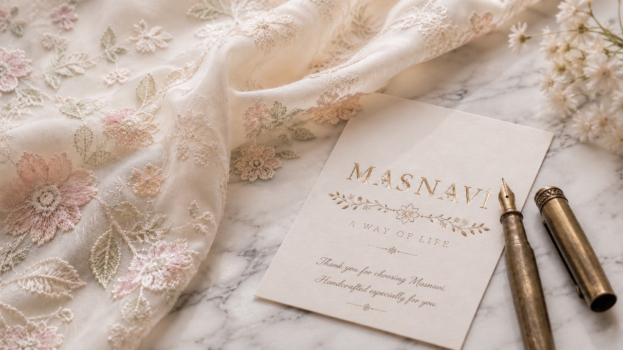 Artisanal Masnavi Chikankari fabric, representing our bespoke embroidery and custom design services, with a branded thank you note and stationery.