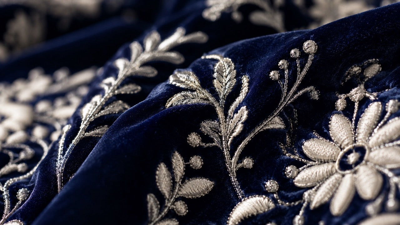 Macro close-up of authentic silver Chikankari hand-embroidery on rich dark blue velvet, showcasing Masnavi's artisanal craftsmanship.