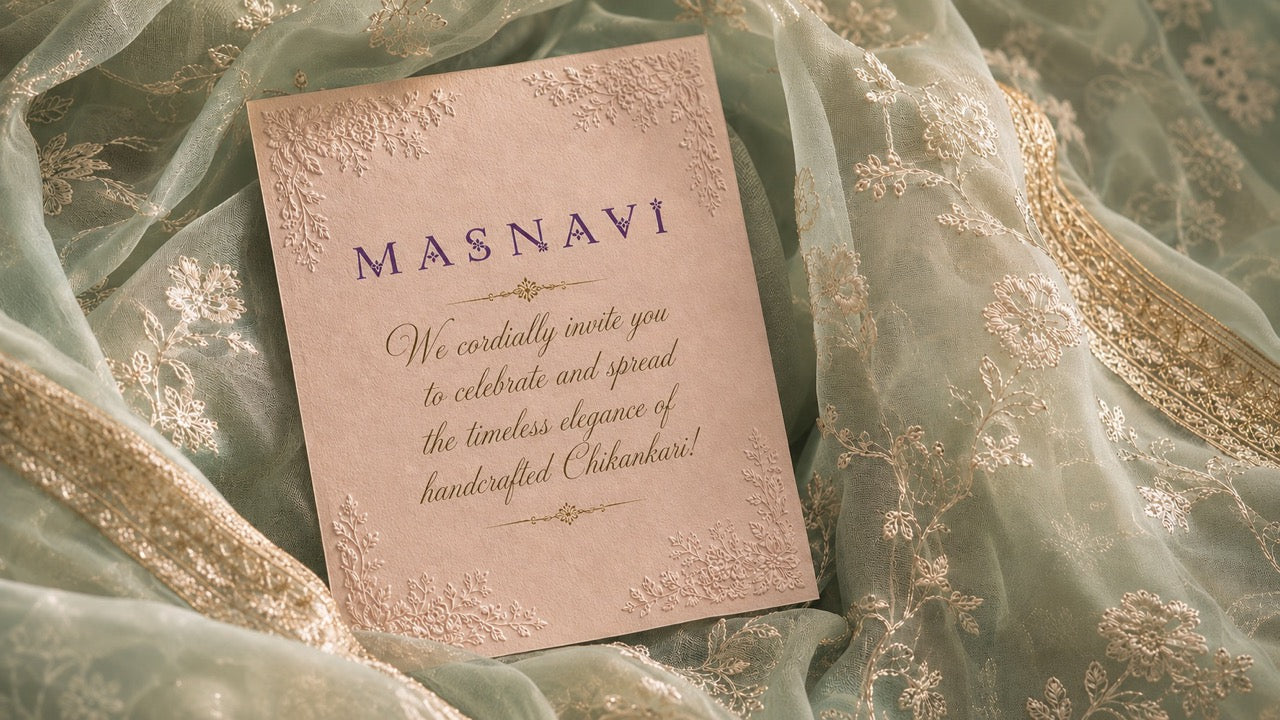 Masnavi brand ambassador partnership invitation card with a Masnavi logo and reading We cordially invite you to celebrate and spread the timeless elegance of handcrafted Chikankari, styled on mint green embroidered organza with a gold zari border.