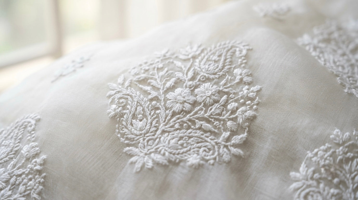 Macro close-up of handcrafted Chikankari embroidery on luxury sheer organza silk by Masnavi.