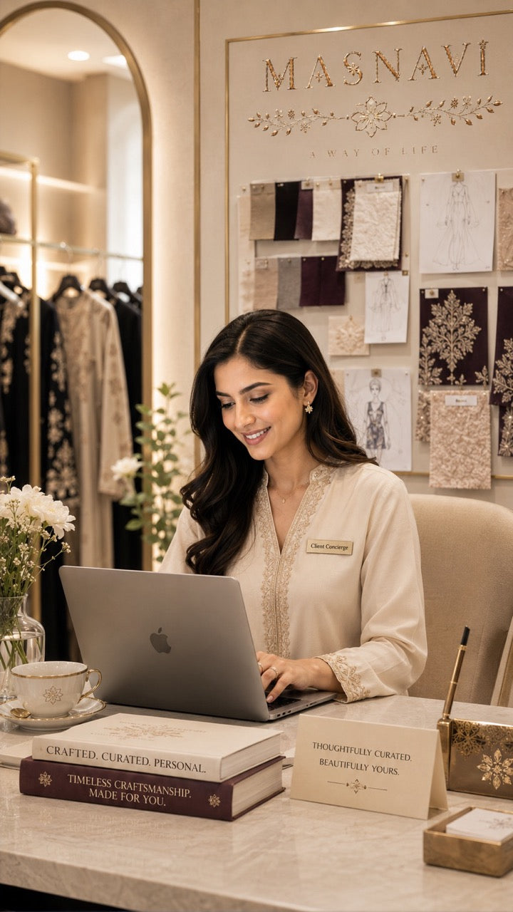 A dedicated Masnavi client concierge professional providing personalized styling support and order assistance in the Masnavi fashion studio.