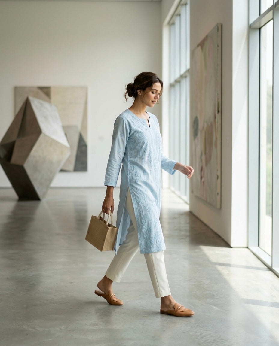 An elegant woman wearing a contemporary pastel Chikankari embroidered kurta set by Masnavi styled for effortless modern elegance.
