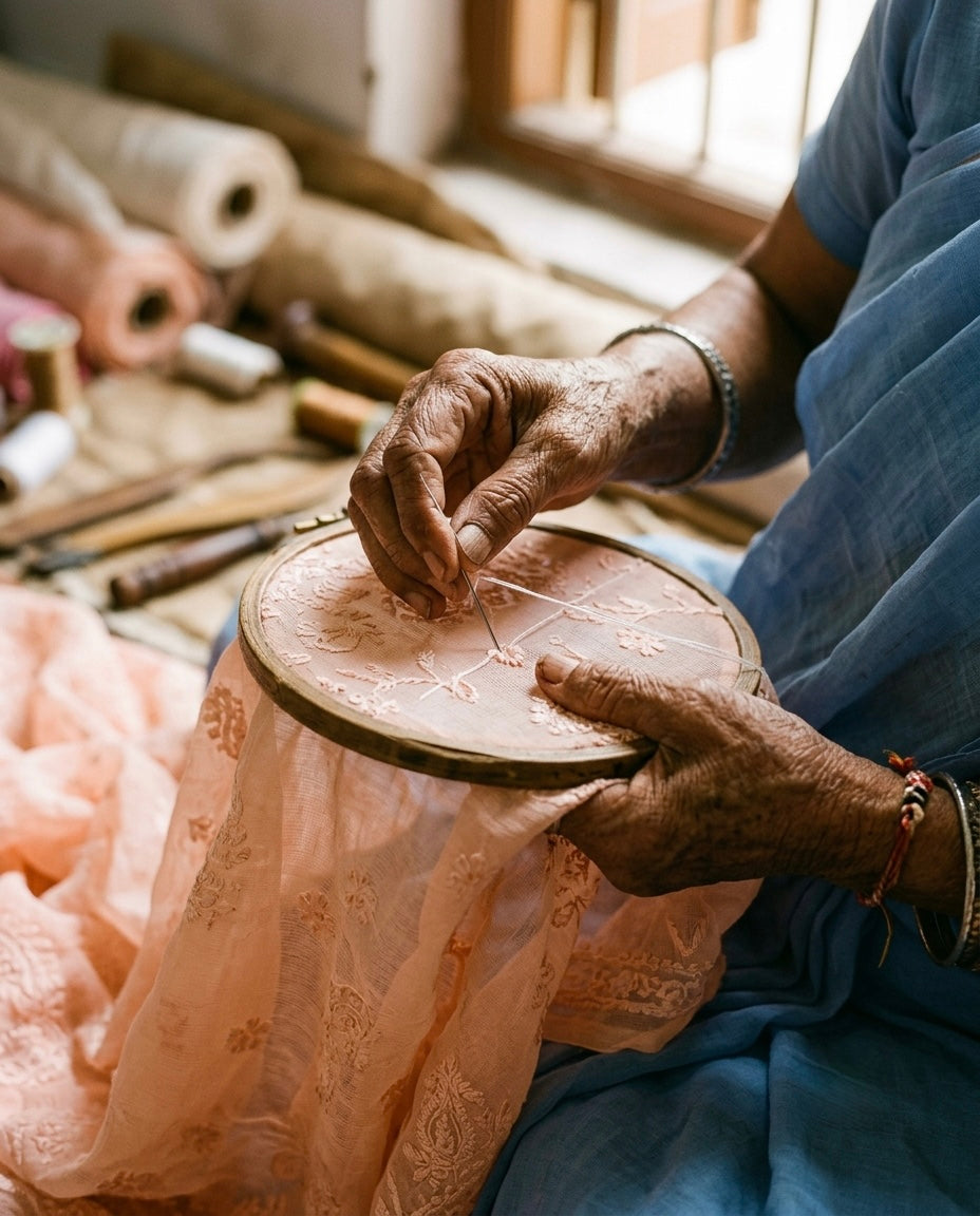 Close-up of a master artisan's hands meticulously stitching authentic handcrafted Chikankari needlework on pastel fabric for Masnavi.