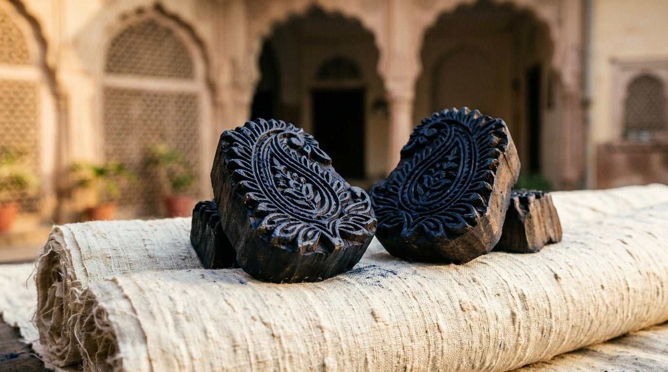 Traditional wooden hand-printing blocks resting on raw silk fabric representing the royal Mughal and Persian heritage of Masnavi Chikankari.