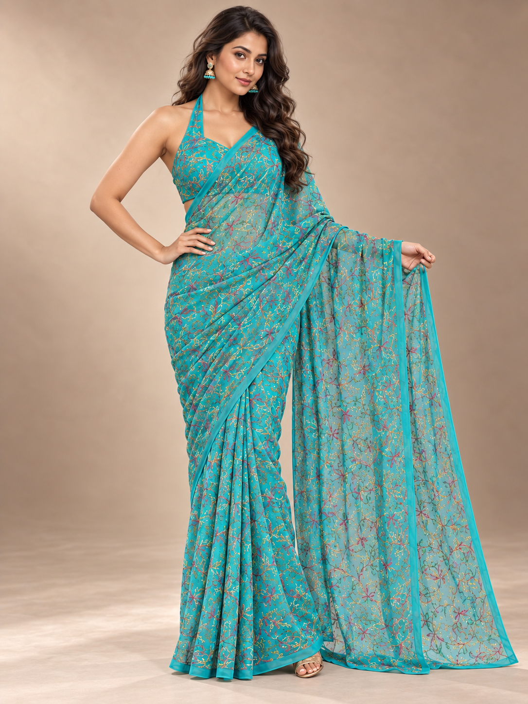 mix thread work masnavi teal blue tepchi saree