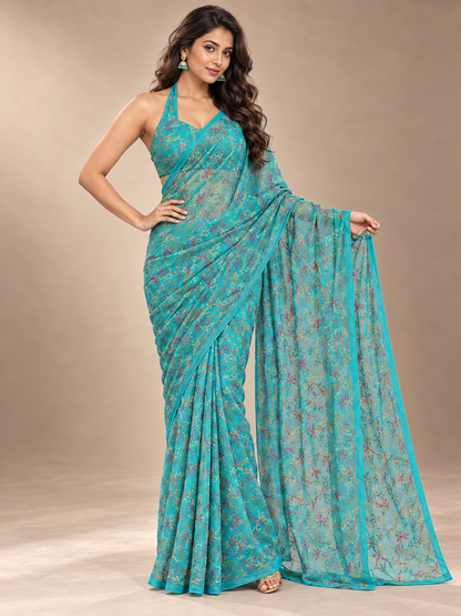 mix thread work masnavi teal blue tepchi saree