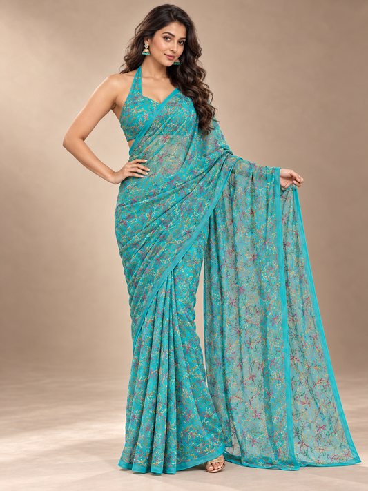 mix thread work masnavi teal blue tepchi saree