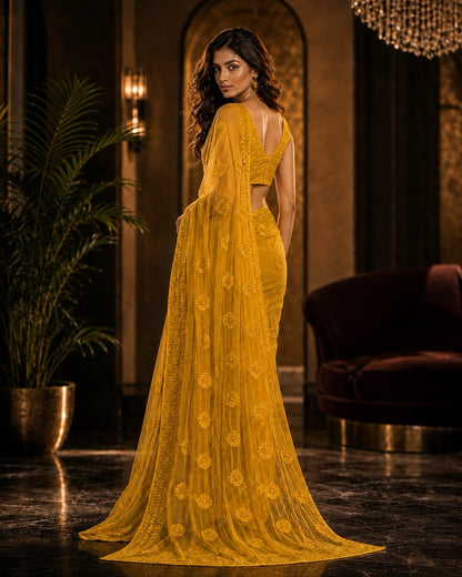 Mustard Georgette Ready to Wear Chikankari Saree, Fiesta Collection by Masnavi, modeled by a woman, back view
