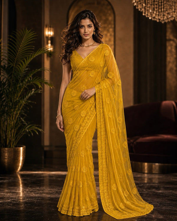 Mustard Georgette Ready to Wear Chikankari Saree, Fiesta Collection by Masnavi, modeled by a woman, front view