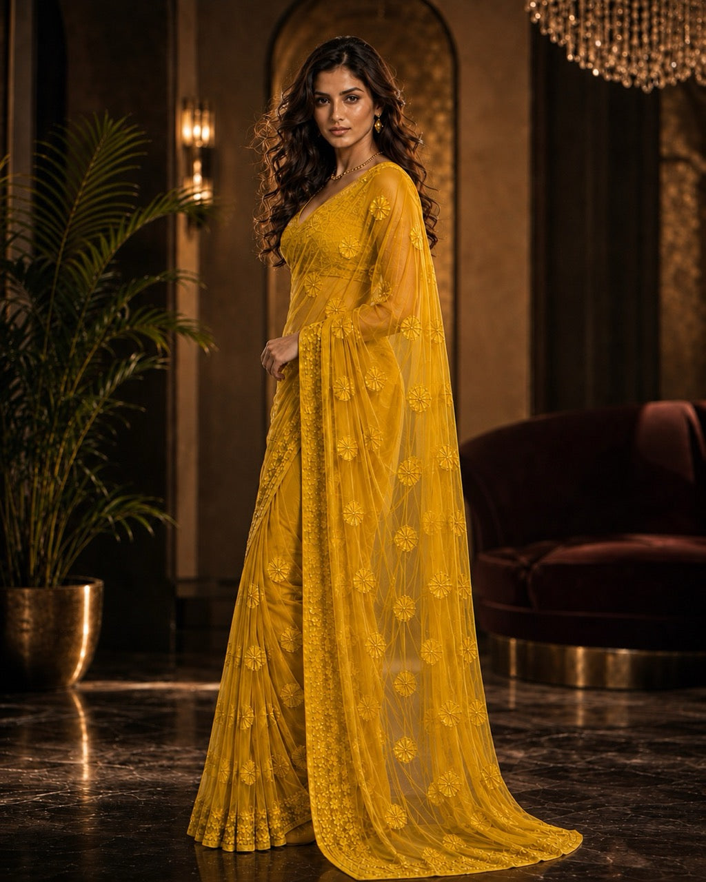 Mustard Georgette Ready to Wear Chikankari Saree, Fiesta Collection by Masnavi, modeled by a woman, side view