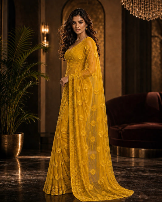Mustard Georgette Ready to Wear Chikankari Saree, Fiesta Collection by Masnavi, modeled by a woman, side view