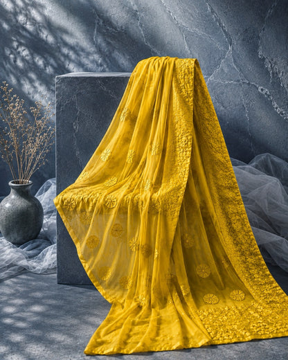 Mustard Georgette Ready to Wear Chikankari Saree, Fiesta Collection by Masnavi, on slate-blue stone background, still life.