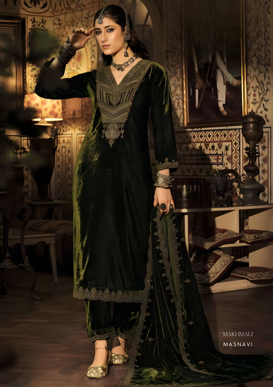 Woman in Nazakat Makhmali Embroidered Velvet Suit Set in Olive Green with Scalloped Zari Dupatta & Straight Trousers