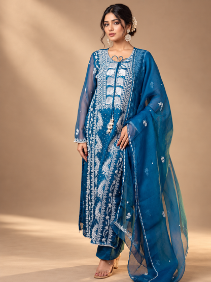 Mira_organza chikankari_kurti_set