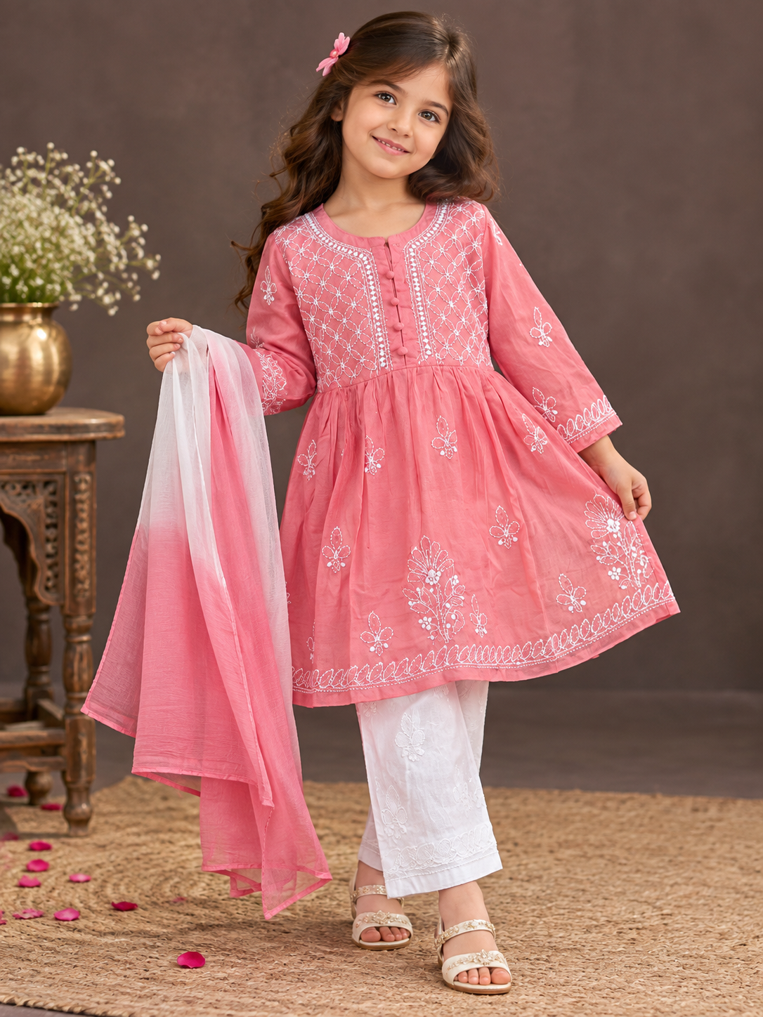 Hom Aanya baby girl chikankari pink dress set