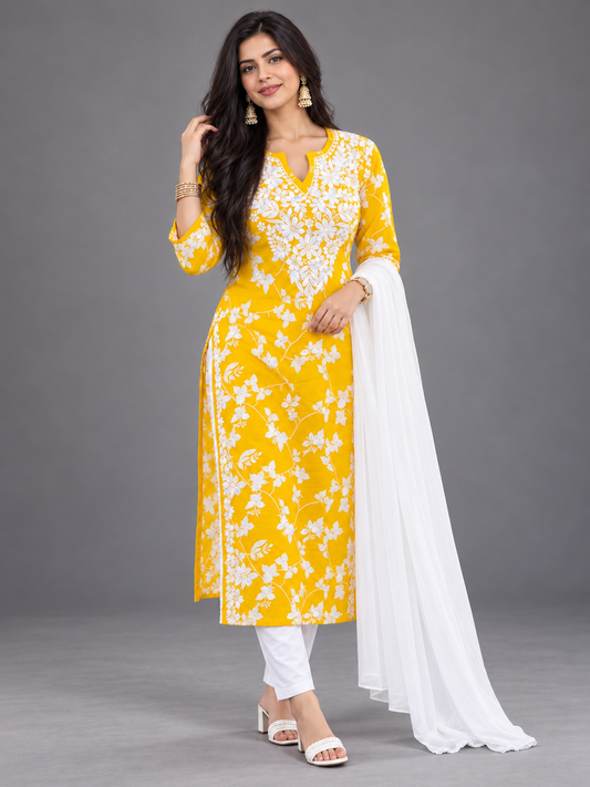 Palash printed mulmul yellow kurti set