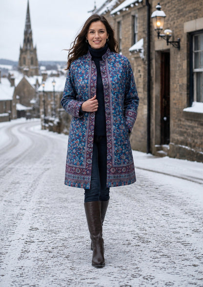 medum length kashmiri kani blue jacket.