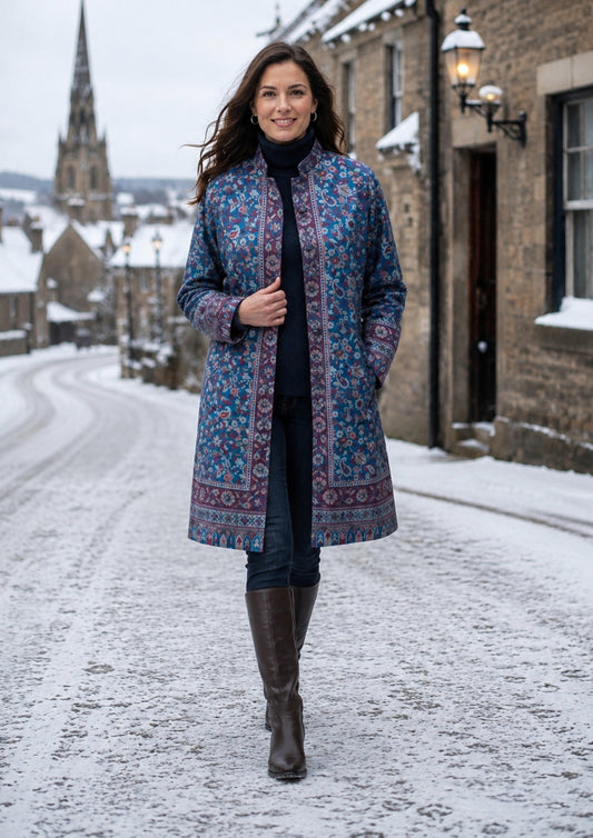 medum length kashmiri kani blue jacket.