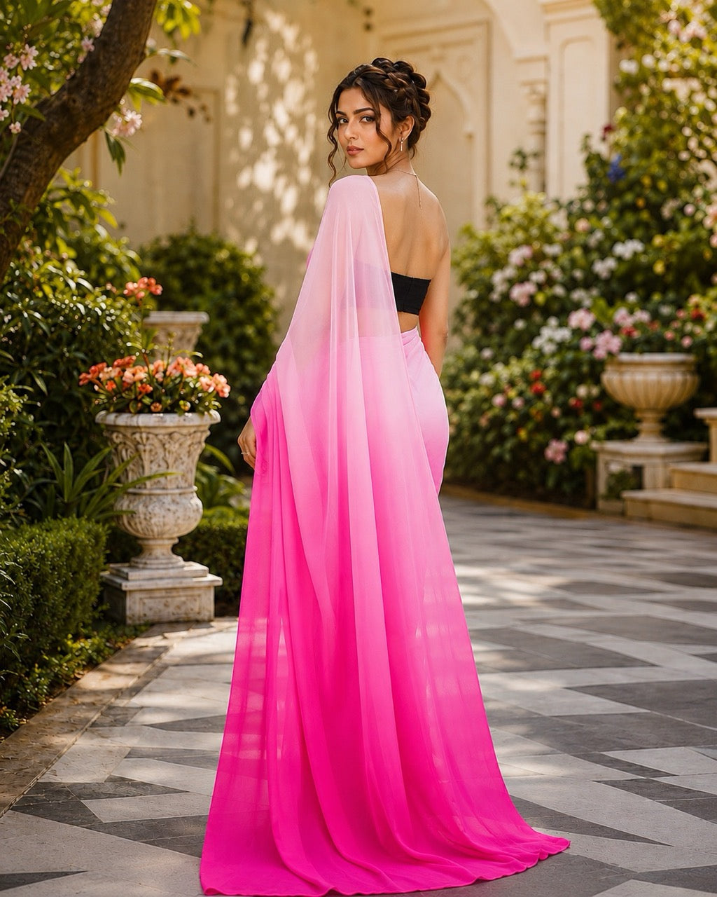 Rani Ombré Pink Ready to Wear Chiffon Saree by Masnavi, modelled by a woman in a garden courtyard, back view