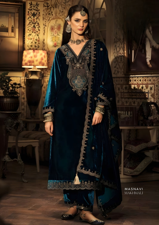 Woman in Shah-e-Zahr Makhmali Embroidered Velvet Suit Set in Teal Blue with Scalloped Zari Dupatta & Straight Trousers