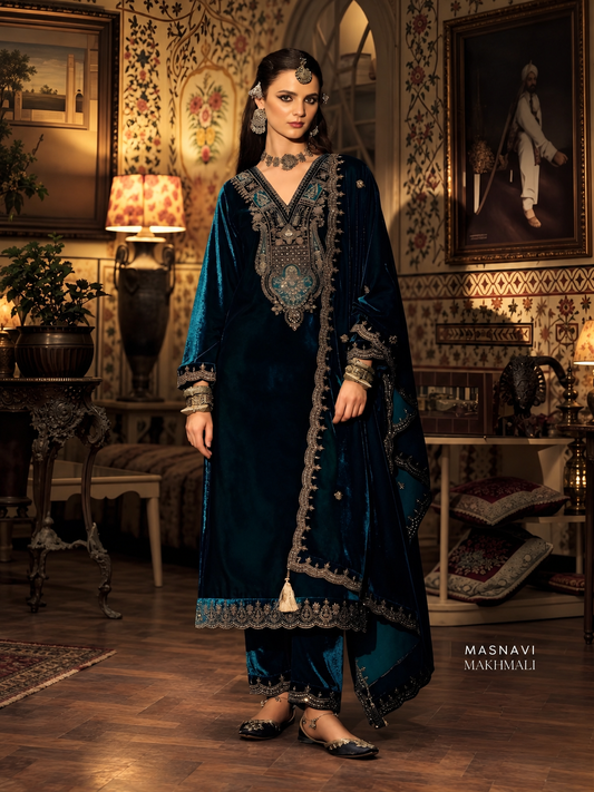 Noorjahan makhmali Embroidered Velvet Suit Set - Teal Blue