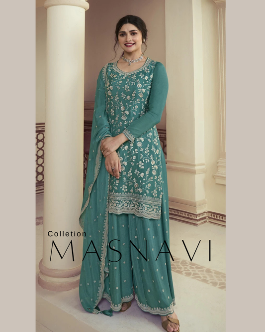 Masnavi Naveli Plus size silk dress viridian green