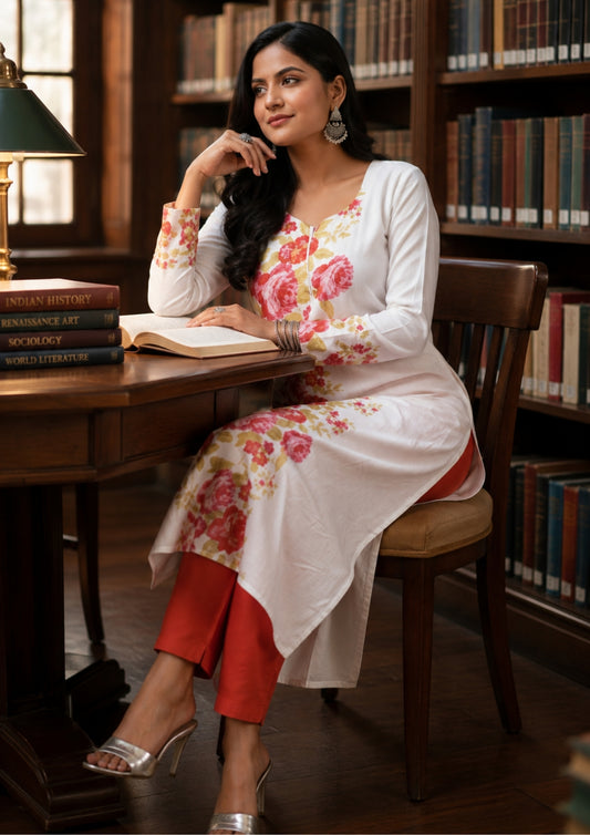 Lilah Rayon floral white Kurti/Top white