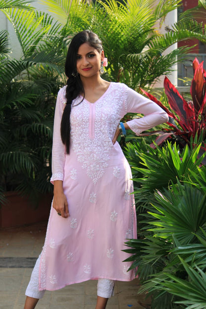 Lilah blush pink rayon chikankari kurti top